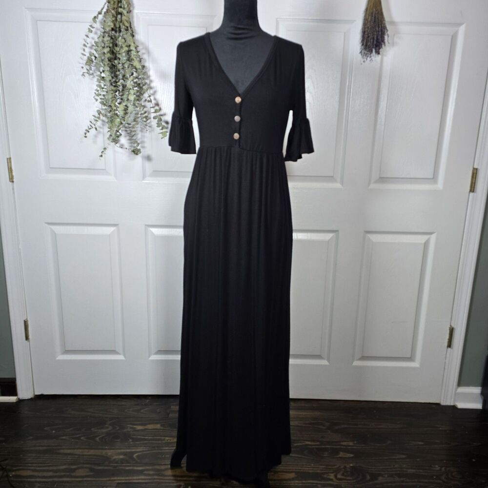 Beeson River Black Maxi Dress Jersey Knit Flare Sleeve See Desc For Msmts